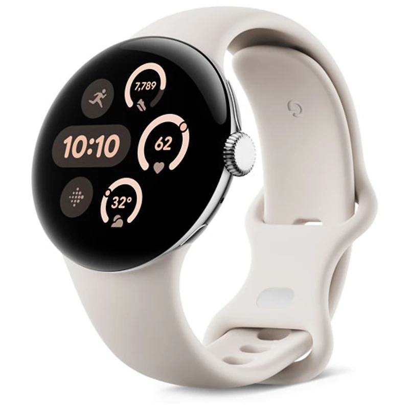 Montre Pixel Watch 3 de Google (LTE + GPS) avec boîtier de 45 mm en aluminium argenté poli et bracelet sport porcelaine, avec TELUS - Financement mensuel