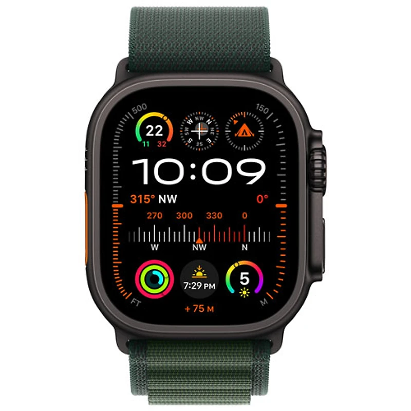 Apple Watch Ultra 2 (GPS + cellulaire) avec boîtier de 49 mm en titane noir et bracelet alpin vert fonc