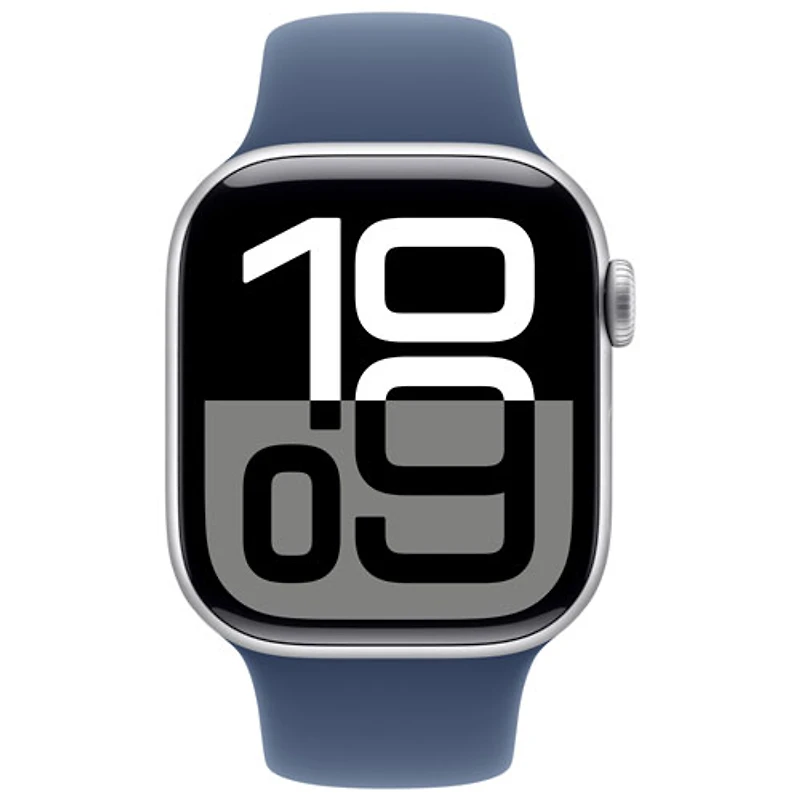 Apple Watch Series 10 (GPS) de 42 mm avec boîtier en aluminium argenté et bracelet sport denim - Moyen/Grand
