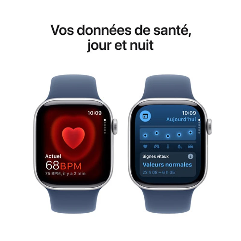 Apple Watch Series 10 (GPS) de 42 mm avec boîtier en aluminium argenté et bracelet sport denim - Moyen/Grand