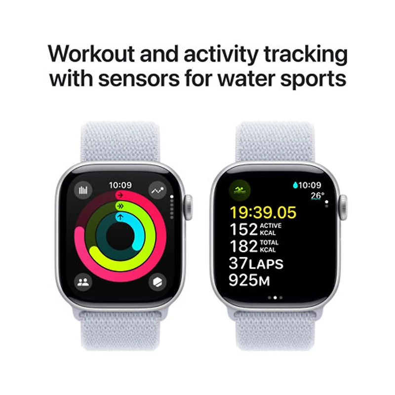 Apple Watch Series 10 (GPS + cellulaire) avec boîtier de 42 mm en aluminium argenté et bracelet sport à rabat nuage bleu
