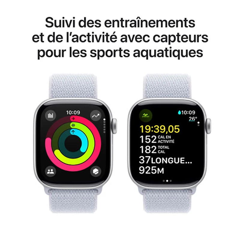 Apple Watch Series 10 (GPS + cellulaire) avec boîtier de 42 mm en aluminium argenté et bracelet sport à rabat nuage bleu