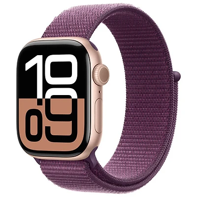 Apple Watch Series 10 (GPS + cellulaire) avec boîtier de 42 mm en aluminium or rose et bracelet sport à rabat prune