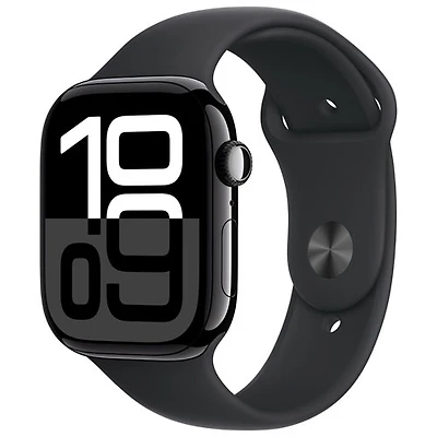 Apple Watch Series 10 (GPS + cellulaire) avec boîtier de 46 mm en aluminium noir de jais et bracelet sport noir - Petit/Moyen
