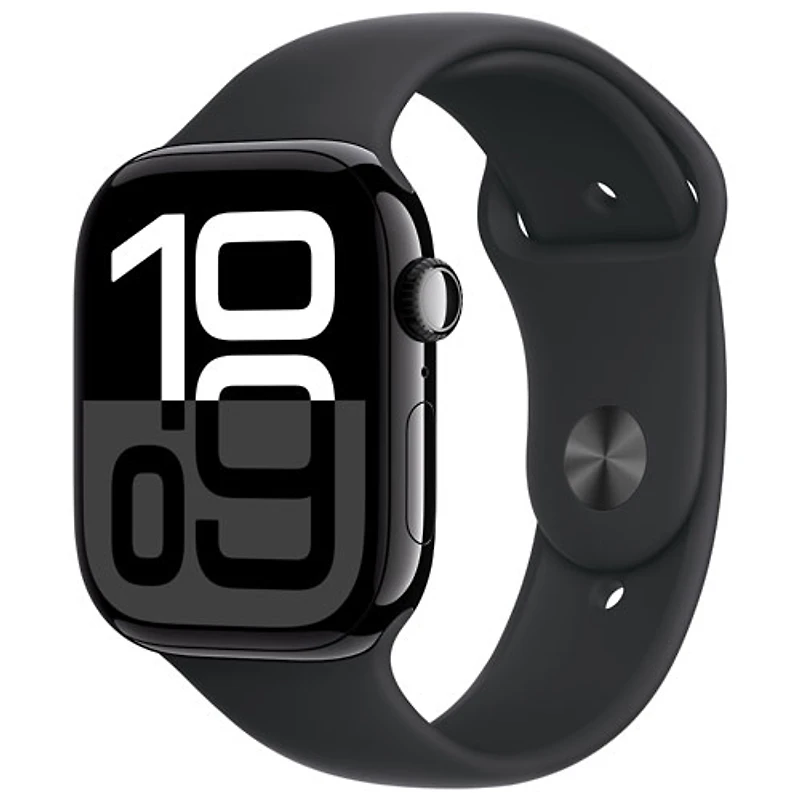 Apple Watch Series 10 (GPS + cellulaire) avec boîtier de 46 mm en aluminium noir de jais et bracelet sport noir - Moyen/Grand