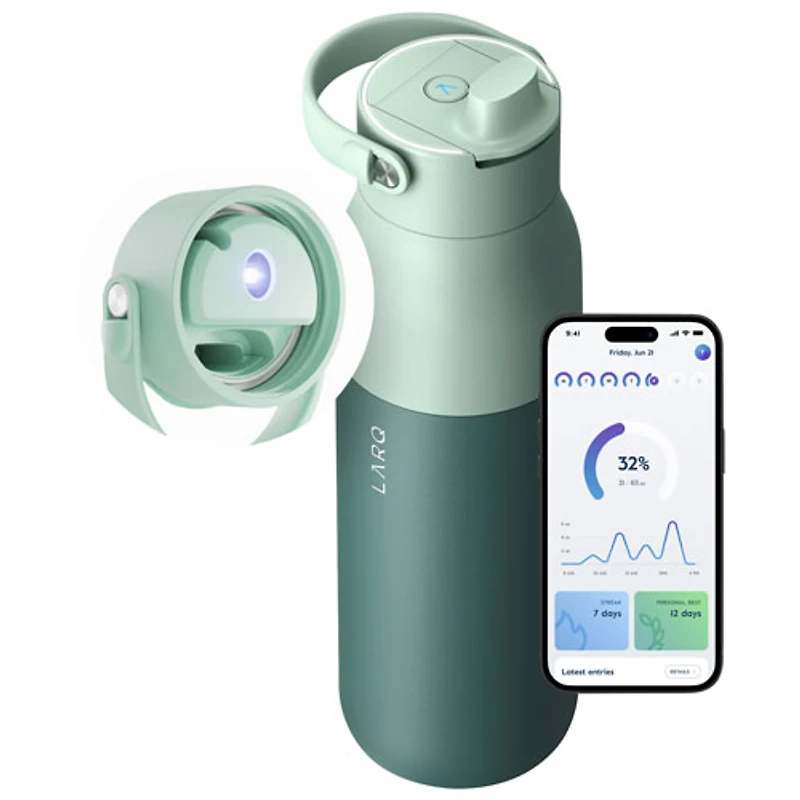 Bouteille d'eau de 680 ml (23 oz) PureVis 2 autonettoyante en acier inoxydable isotherme avec capteur intelligent de LARQ - Vert