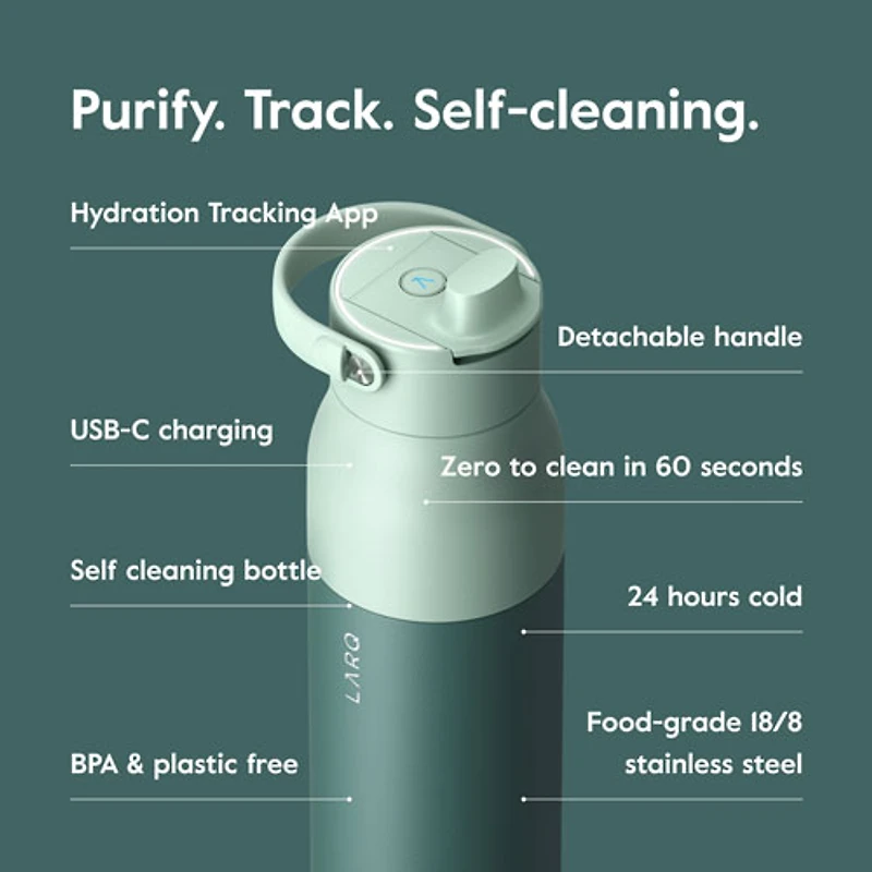 Bouteille d'eau de 680 ml (23 oz) PureVis 2 autonettoyante en acier inoxydable isotherme avec capteur intelligent de LARQ - Vert