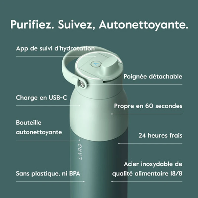 Bouteille d'eau de 680 ml (23 oz) PureVis 2 autonettoyante en acier inoxydable isotherme avec capteur intelligent de LARQ - Vert