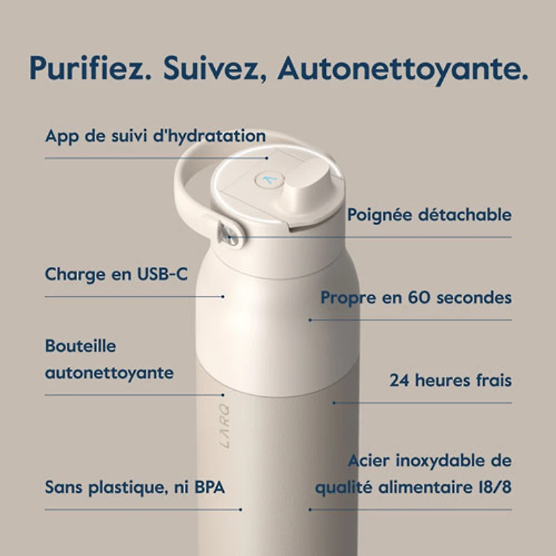 Bouteille d'eau de 680 ml (23 oz) PureVis 2 autonettoyante en acier inoxydable isotherme avec capteur intelligent de LARQ - Beige
