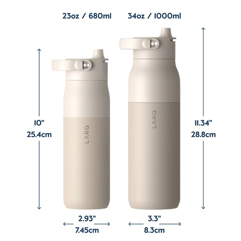 Bouteille d'eau de 680 ml (23 oz) PureVis 2 autonettoyante en acier inoxydable isotherme avec capteur intelligent de LARQ - Beige