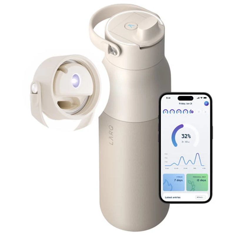 Bouteille d'eau de 1 L (34 oz) PureVis 2 autonettoyante en acier inoxydable isotherme avec capteur intelligent de LARQ - Beige