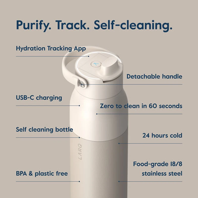 Bouteille d'eau de 1 L (34 oz) PureVis 2 autonettoyante en acier inoxydable isotherme avec capteur intelligent de LARQ - Beige