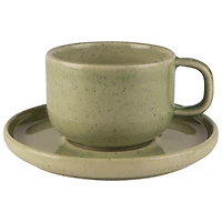 Tasse à thé et soucoupe en grès Uno de Mesa Ceramics - 2 pièces - Vert tacheté