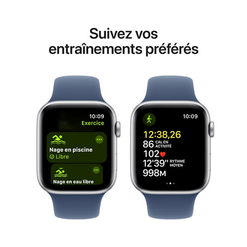 Apple Watch SE (GPS) de 44 mm avec boîtier en aluminium argenté et bracelet sport denim - Petit/Moyen