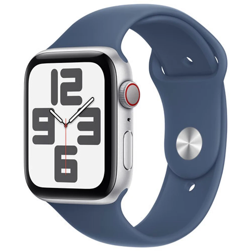 Apple Watch SE (GPS + Cellular) avec boîtier de 44 mm en aluminium argenté et bracelet sport denim par Rogers - Moyen/Grand - Financement mensuel