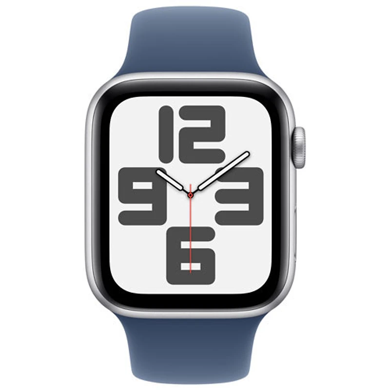 Apple Watch SE (GPS + Cellular) avec boîtier de 44 mm en aluminium argenté et bracelet sport denim par Rogers - Moyen/Grand - Financement mensuel