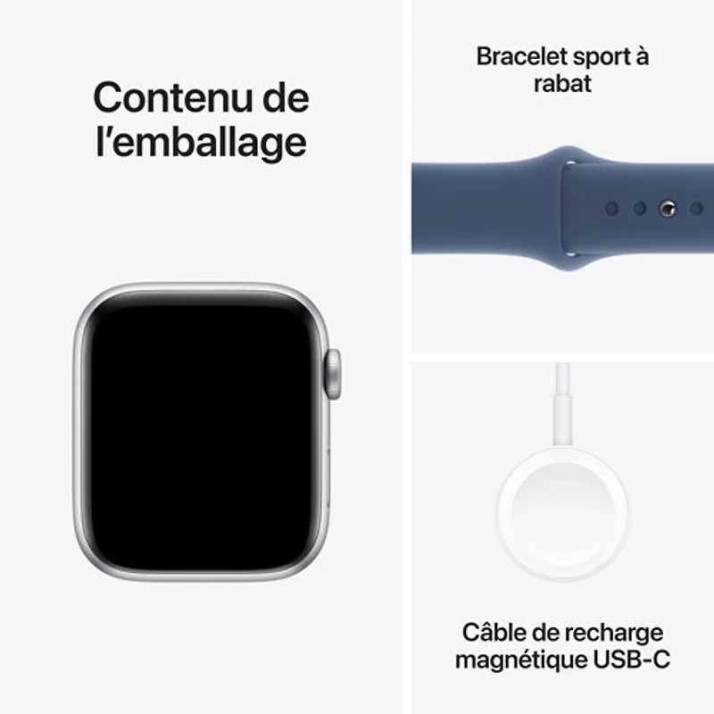 Apple Watch SE (GPS + Cellular) avec boîtier de 44 mm en aluminium argenté et bracelet sport denim par Rogers - Moyen/Grand - Financement mensuel
