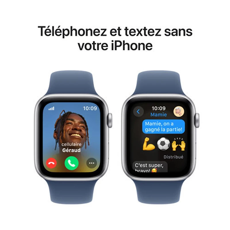 Apple Watch SE (GPS + Cellular) avec boîtier de 44 mm en aluminium argenté et bracelet sport denim par Rogers - Moyen/Grand - Financement mensuel