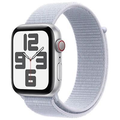 Apple Watch SE (GPS + Cellulaire) avec boîtier de 44 mm en aluminium argenté et bracelet sport à rabat nuage bleu par TELUS - Financement mensuel