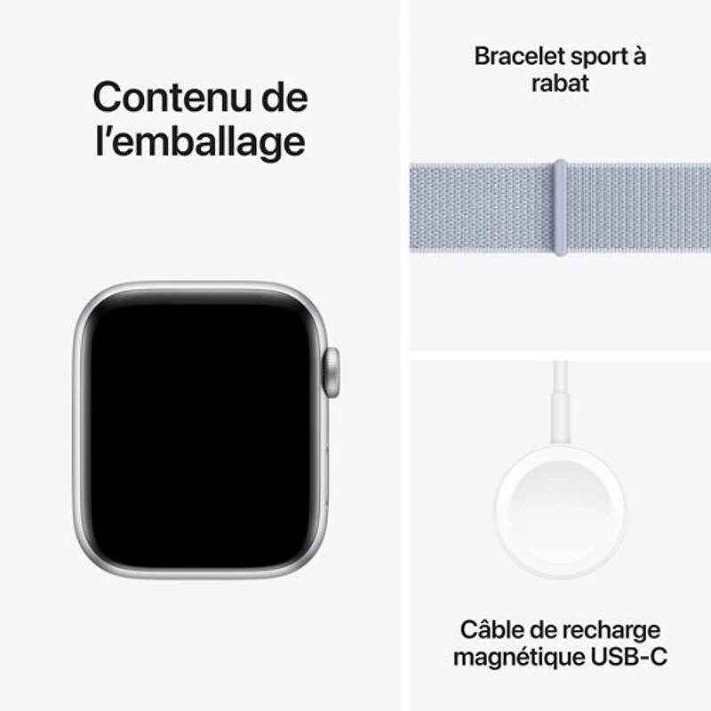 Apple Watch SE (GPS + Cellulaire) avec boîtier de 44 mm en aluminium argenté et bracelet sport à rabat nuage bleu par TELUS - Financement mensuel