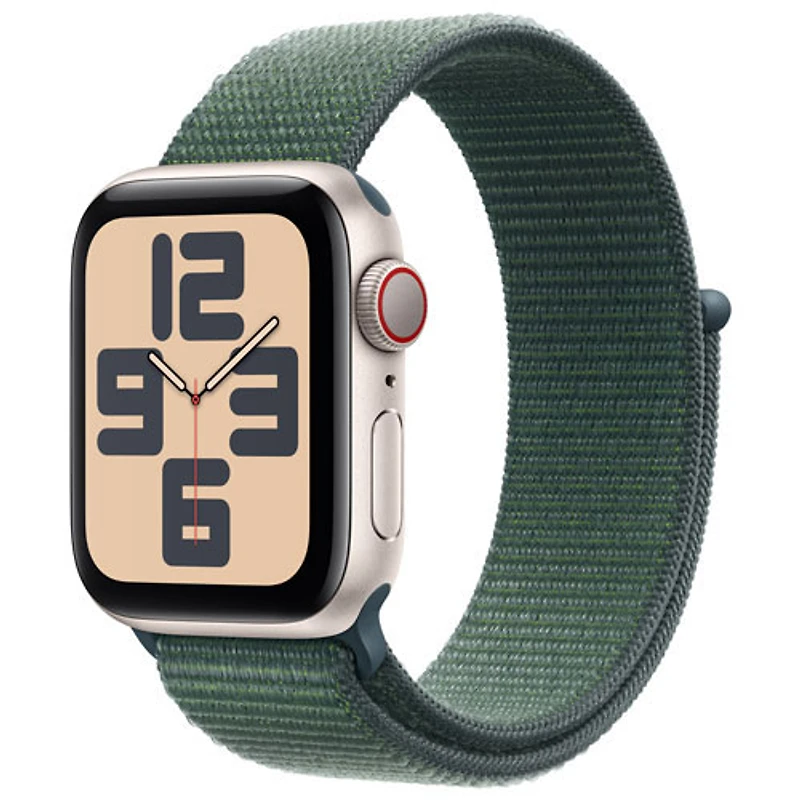 Apple Watch SE (GPS + Cellular) avec boîtier de 40 mm en aluminium comète et bracelet sport à rabat vert lacustre par TELUS - Financement mensuel