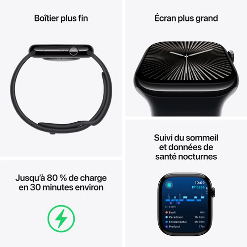 Apple Watch Series 10 (GPS + Cellulaire) avec boîtier de mm en aluminium noir de jais et bracelet sport encre par Virgin Plus