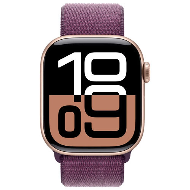 Apple Watch Series 10 (GPS + Cellulaire) avec boîtier de 42 mm en aluminium rose doré et bracelet sport prune par Virgin Plus - Financement mensuel