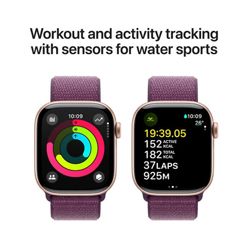 Apple Watch Series 10 (GPS + Cellulaire) avec boîtier de 42 mm en aluminium rose doré et bracelet sport prune par Virgin Plus - Financement mensuel