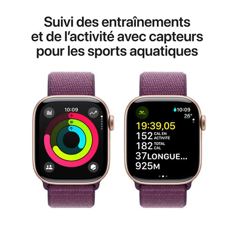 Apple Watch Series 10 (GPS + Cellulaire) avec boîtier de 42 mm en aluminium rose doré et bracelet sport prune par Virgin Plus - Financement mensuel