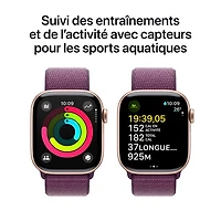 Apple Watch Series 10 (GPS + Cellulaire) avec boîtier de 42 mm en aluminium rose doré et bracelet sport prune par Virgin Plus - Financement mensuel
