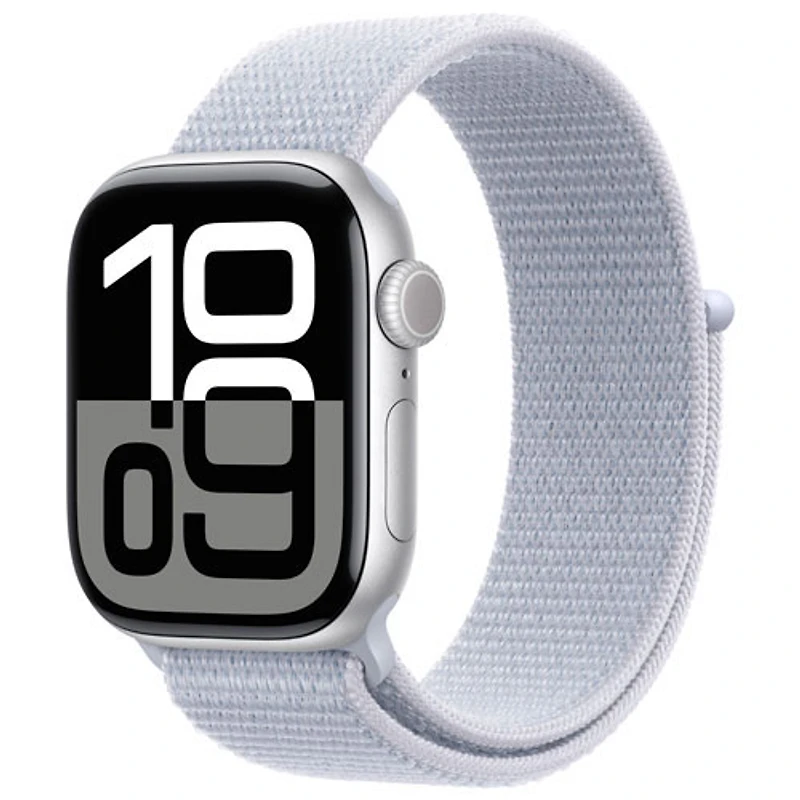 Apple Watch Series 10 (GPS + Cellulaire) avec boîtier de 42 mm en aluminium argenté et bracelet sport nuage bleu par Virgin Plus - Financement mensuel