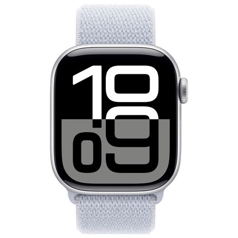 Apple Watch Series 10 (GPS + Cellulaire) avec boîtier de 42 mm en aluminium argenté et bracelet sport nuage bleu par Virgin Plus - Financement mensuel