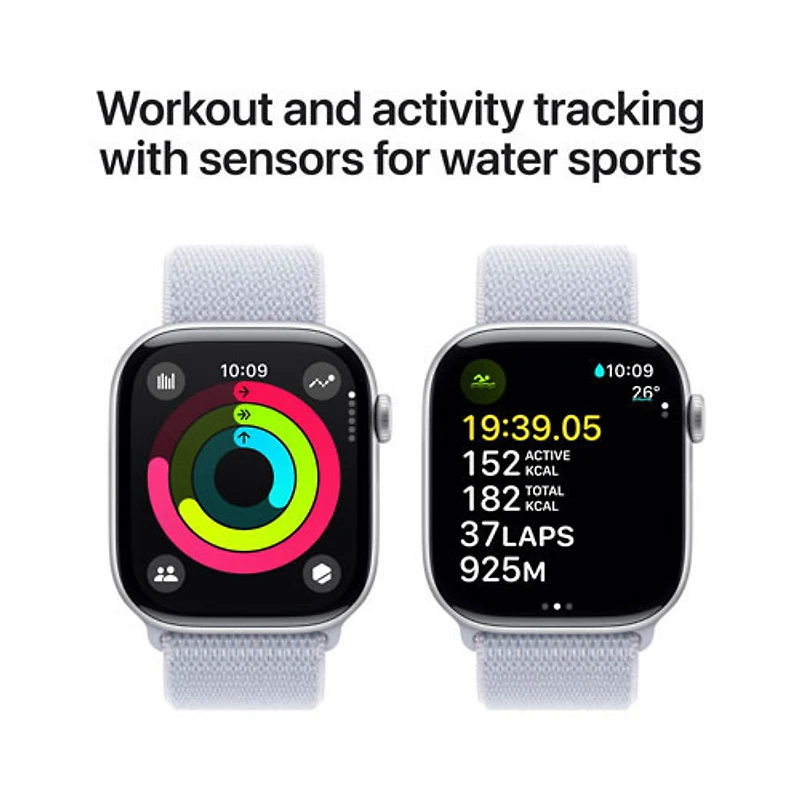 Apple Watch Series 10 (GPS + Cellulaire) avec boîtier de 46 mm en aluminium argenté et bracelet sport nuage bleu par Virgin Plus - Financement mensuel