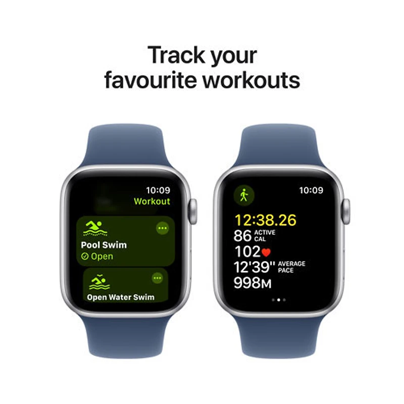 Apple Watch SE (GPS + Cellulaire) avec boîtier de 44 mm en aluminium argenté et bracelet sport denim par Virgin Plus - Moyen/Grand - Financement mensuel