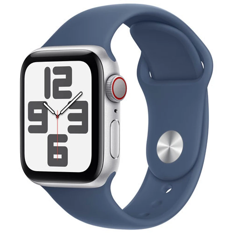 Apple Watch SE (GPS + Cellulaire) avec boîtier de 40 mm en aluminium argenté et bracelet sport denim par Virgin Plus - Petit/Moyen - Financement mensuel