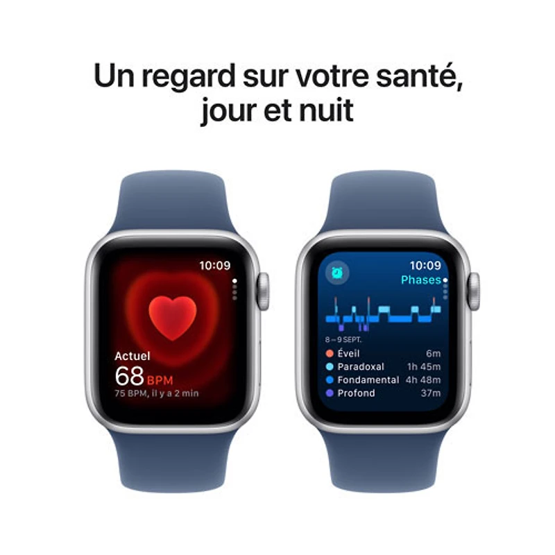 Apple Watch SE (GPS + Cellulaire) avec boîtier de 40 mm en aluminium argenté et bracelet sport denim par Virgin Plus - Petit/Moyen - Financement mensuel