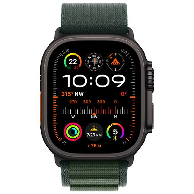 Apple Watch Ultra 2 (GPS + Cellulaire) avec boîtier de 49 mm en titane noir et bracelet Alpin vert foncé par Freedom Mobile - Moyen - Paiement Balance mensuel