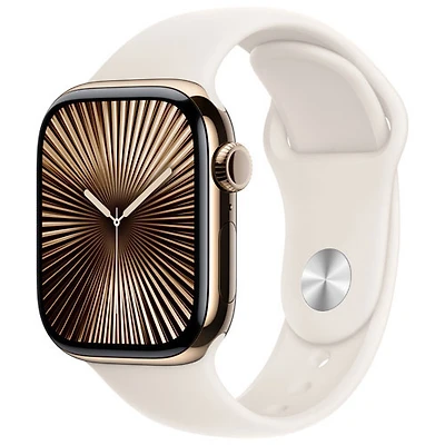 Freedom Mobile Apple Watch Series 10 (GPS+Cellular) 42mm Gold Titanium Case w/Starlight Sport Band-M/L-Monthly Tab Payment