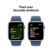 Apple Watch SE (GPS + Cellulaire) avec boîtier de 44 mm en aluminium argenté et bracelet sport denim par Freedom Mobile - Petit/Moyen - Paiement Balance mensuel