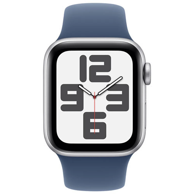 Apple Watch SE (GPS + Cellulaire) avec boîtier de 40 mm en aluminium argenté et bracelet sport denim par Freedom Mobile - Petit/Moyen - Paiement Balance mensuel