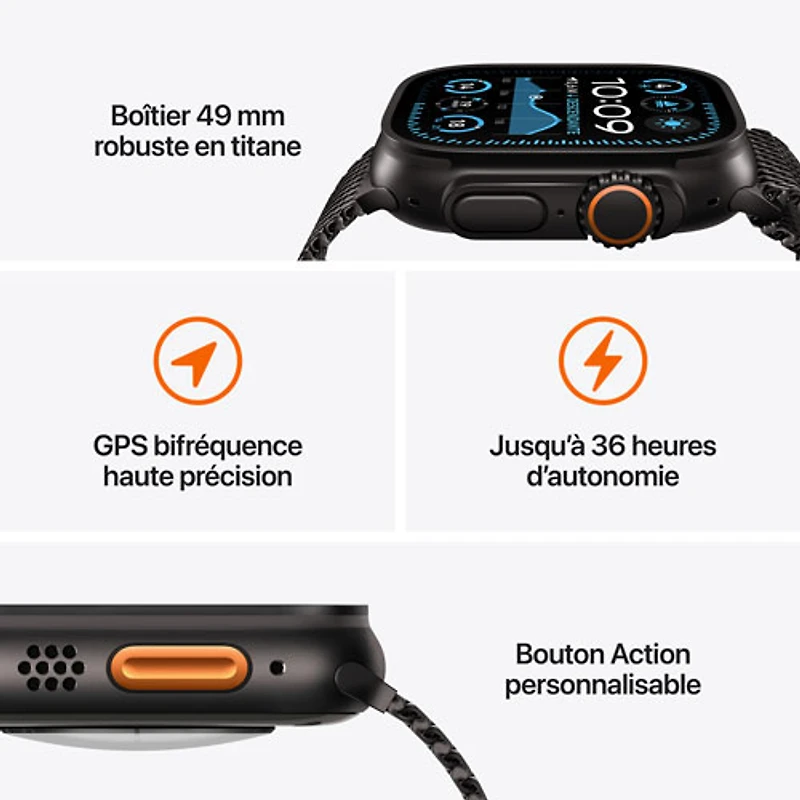 Apple Watch Ultra 2 (GPS + Cellulaire) avec boîtier de 49 mm en titane noir et bracelet milanais en titane noir par Freedom Mobile - Grand - Paiement Balance mensuel