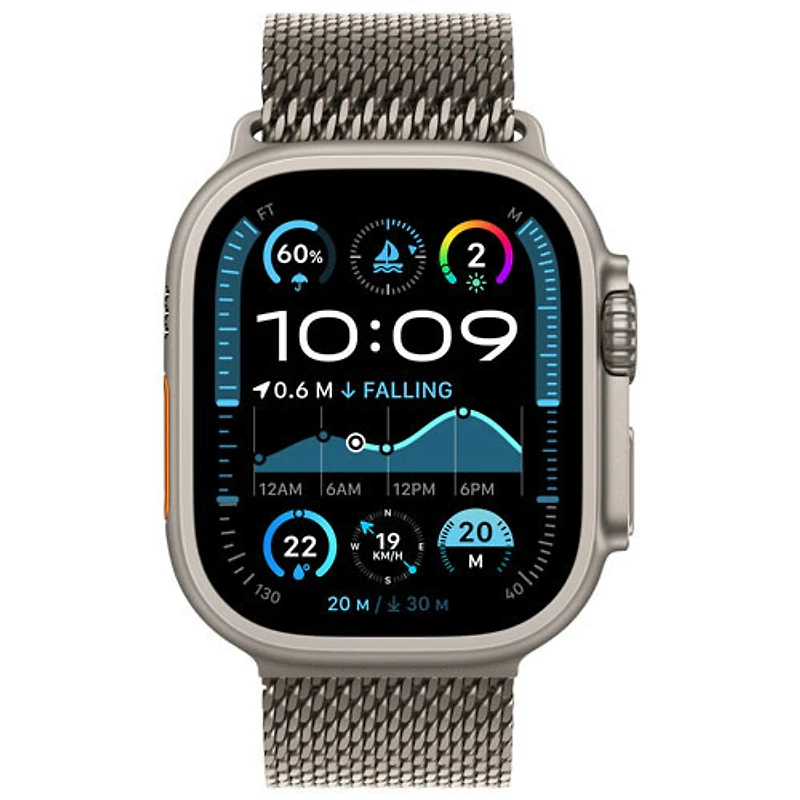 Apple Watch Ultra 2 (GPS + Cellulaire) avec boîtier de 49 mm en titane naturel et bracelet milanais en titane naturel par Freedom Mobile - Grand - Paiement Balance mensuel