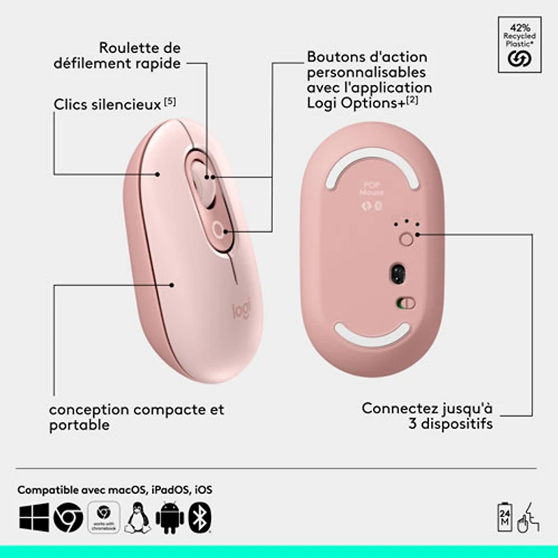 Logitech POP Bluetooth Optical Keyboard & Mouse Combo - Rose/Off-White - English