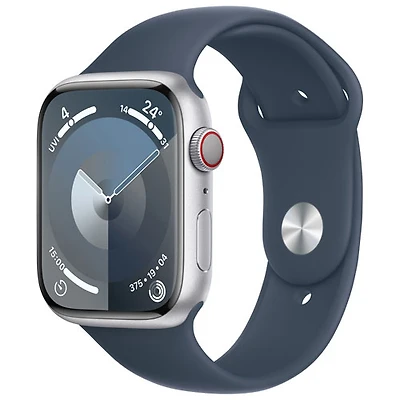 Apple Watch Series 9 (GPS + cellulaire) avec boîtier de 45 mm en aluminium argenté et bracelet sport bleu tempête - Moyen/Grand 160-210 mm - Paiement Balance mensuel