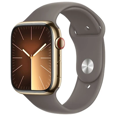 Apple Watch Series 9 (GPS + cellulaire) avec boîtier de 45 mm en acier inoxydable doré et bracelet sport argile - Petit/Moyen 140-190 mm - Paiement Balance mensuel