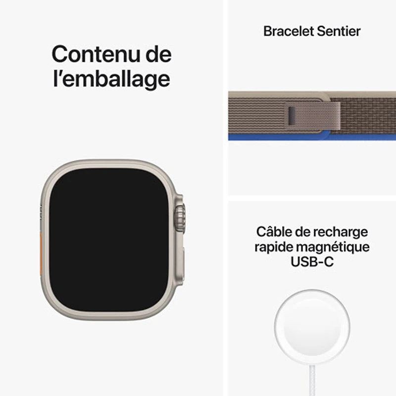 Apple Watch Ultra (GPS + cellulaire) avec boîtier de 49 mm en titane et bracelet à rabat Sentier bleu/gris par Koodo - Moyen/Grand - Paiement Balance mensuel