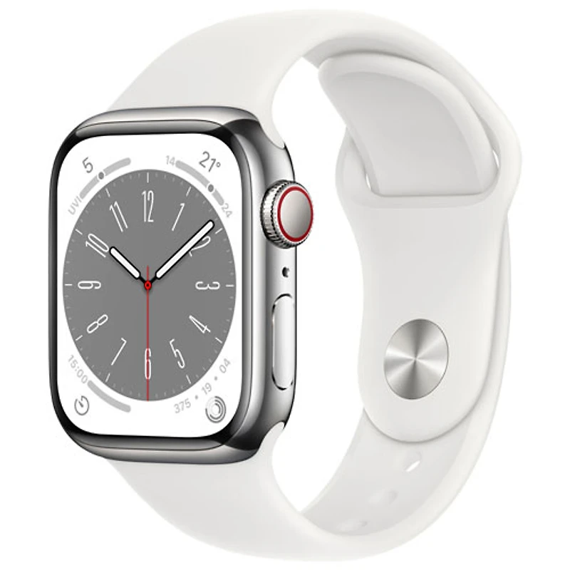 Koodo Apple Watch Series 8 (GPS + Cellular) 41mm Silver Stainless Steel Case with White Sport Band - Small/Medium - Monthly Tab Payment