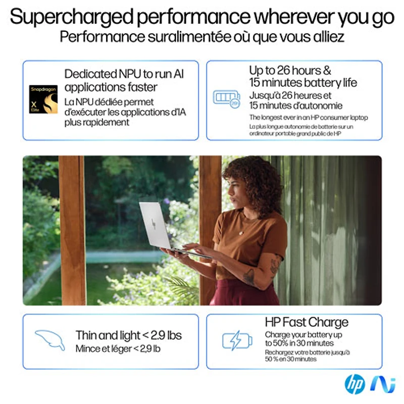 Portable PC 14 po OmniBook X Gen AI de HP - Argenté glacier (Snapdragon X Plus/RAM 16 Go/SSD 1 To/Windows 11 Famille)