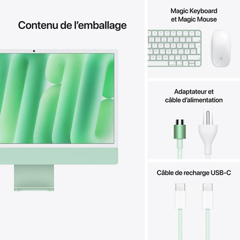 iMac de 24 po d'Apple (automne 2024) - Vert (puce M4 d'Apple/processeur graphique 8 coeurs/RAM 16 Go/SSD 256 Go) - Français