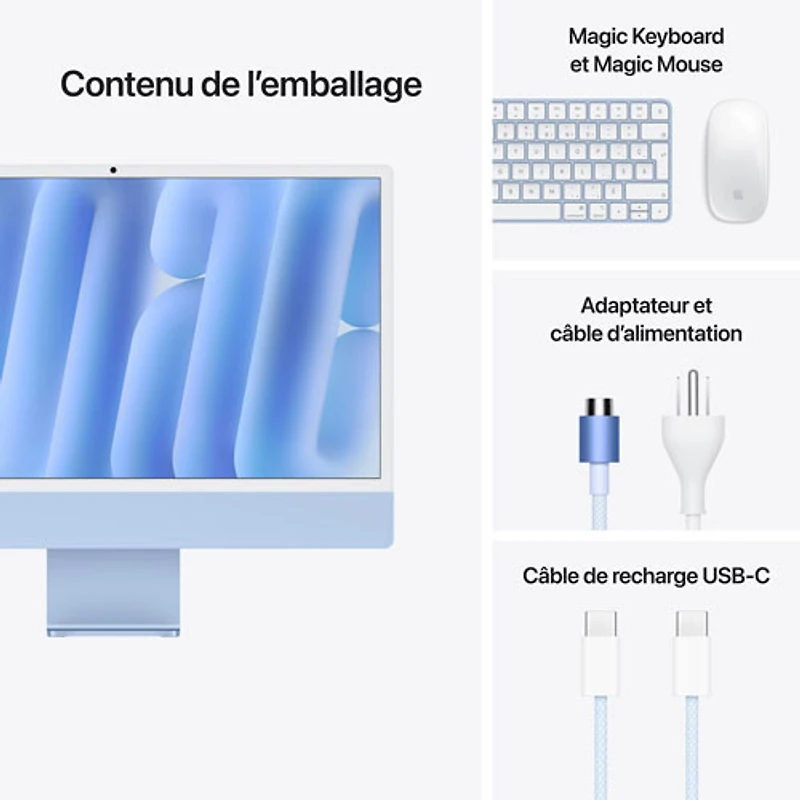 iMac de 24 po d'Apple (automne 2024) - Bleu (puce M4 d'Apple/processeur graphique 8 coeurs/RAM 16 Go/SSD 256 Go) - Anglais